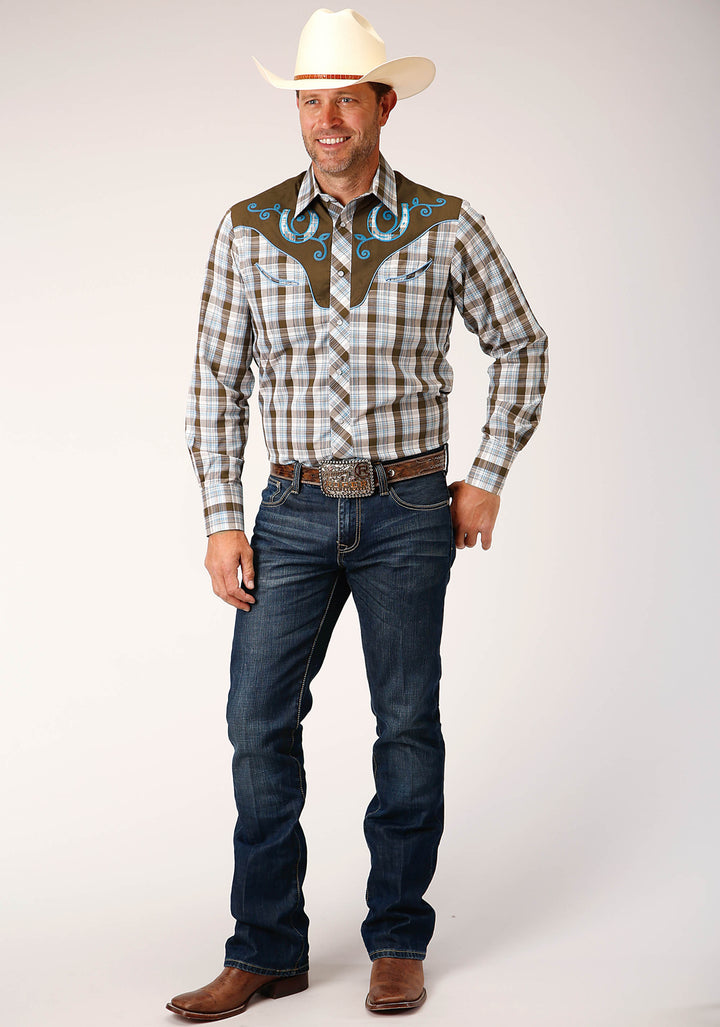 MENS LONG SLEEVE SNAP BROWN  BLUE  AND WHITE PLAID WESTERN SHIRT