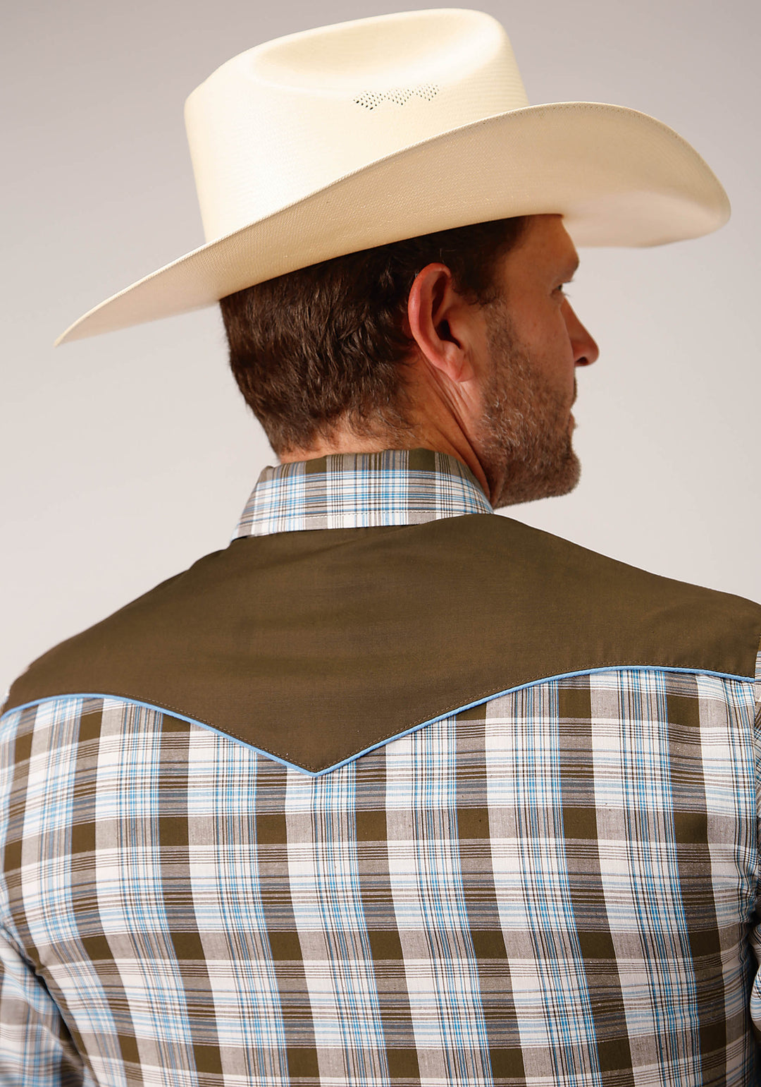 MENS LONG SLEEVE SNAP BROWN  BLUE  AND WHITE PLAID WESTERN SHIRT