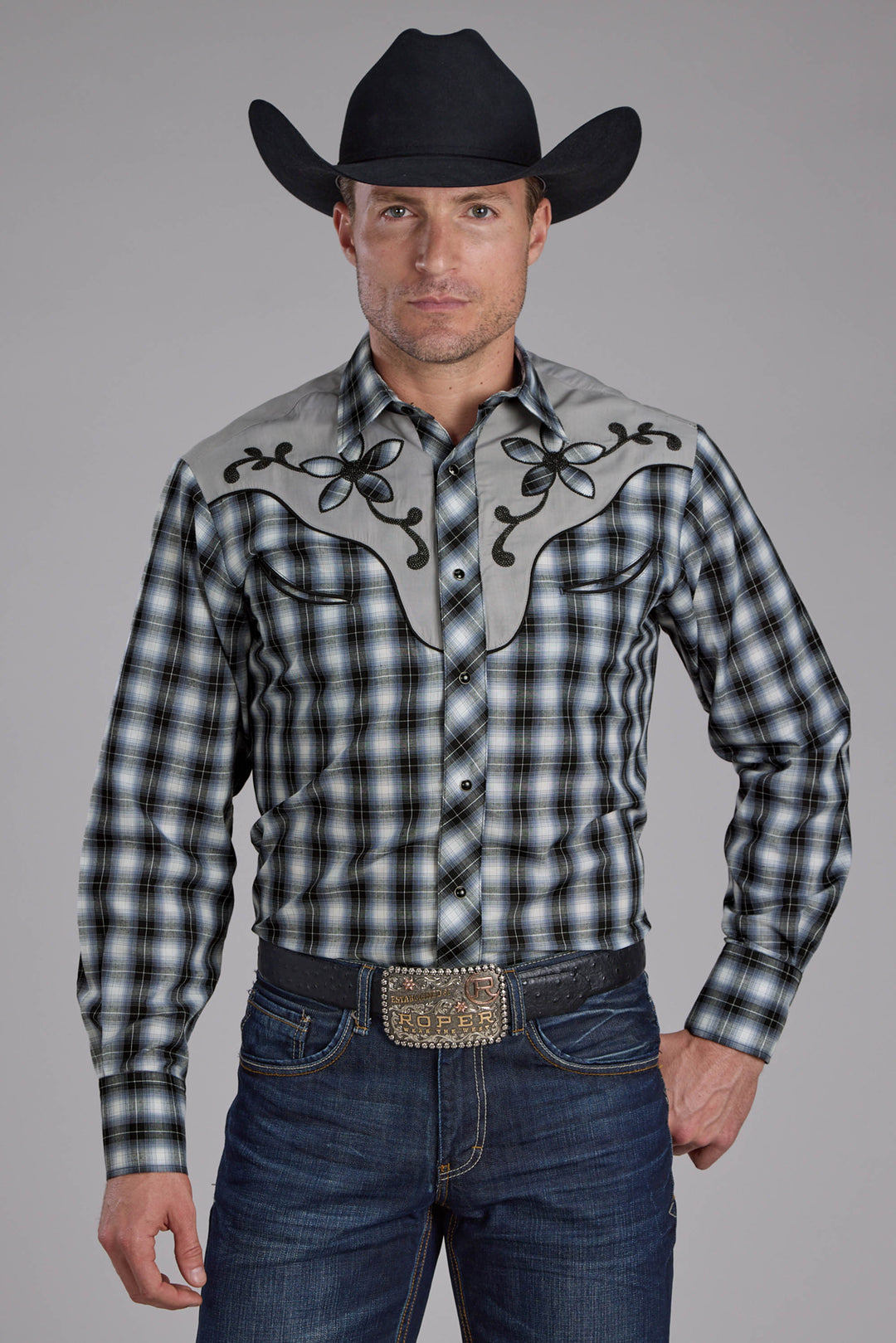 MENS BLACK PLAID, SMILE POCKETS LONG SLEEVE SNAP WESTERN SHIRT