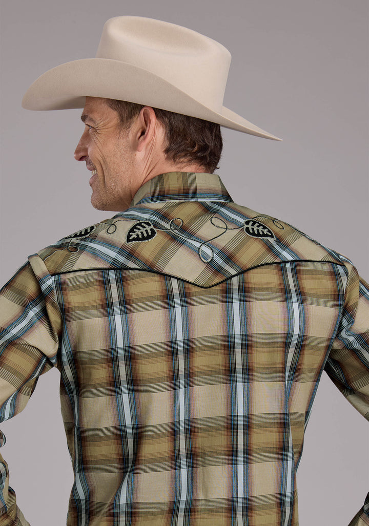 MENS TAN PLAIDS LONG SLEEVE SNAP WESTERN SHIRT