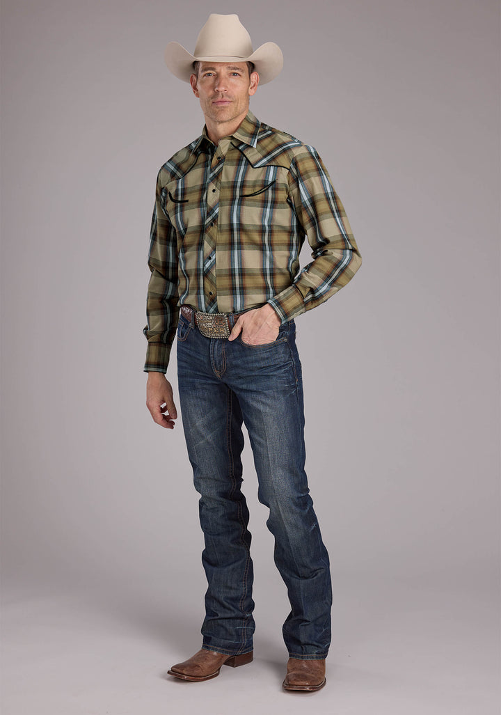 MENS TAN PLAIDS LONG SLEEVE SNAP WESTERN SHIRT