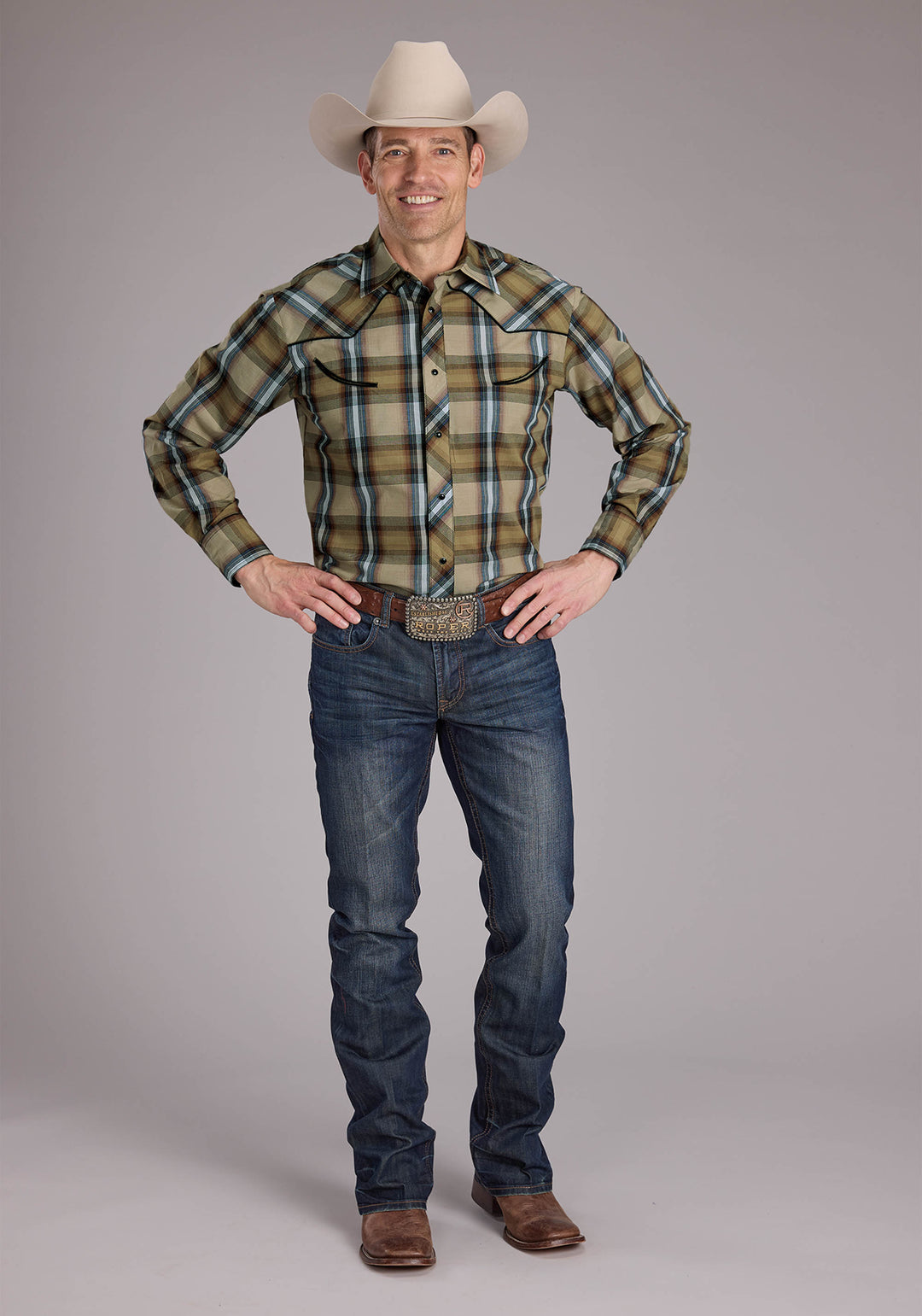 MENS TAN PLAIDS LONG SLEEVE SNAP WESTERN SHIRT