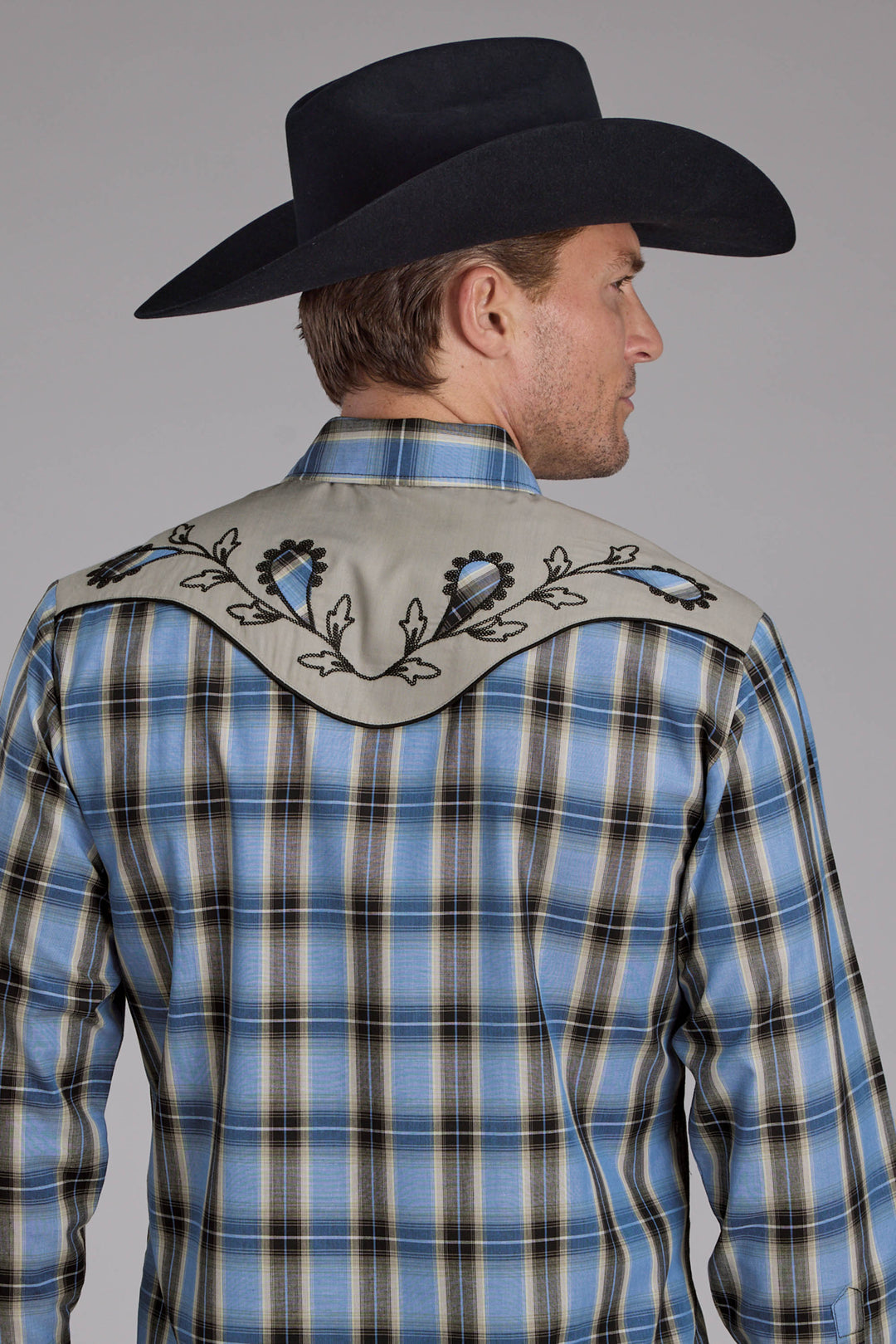 MENS BLUE AND BROWN PLAID, SMILE POCKETS LONG SLEEVE SNAP WESTERN SHIRT