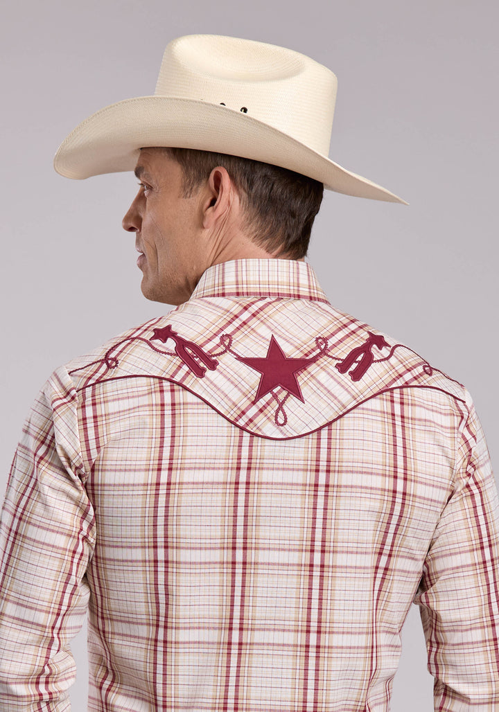 MENS ROPER TAN  WINE PLAID LONG SLEEVE SNAP SHIRT