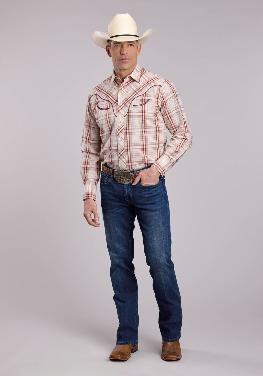 MENS ROPER TAN  WINE PLAID LONG SLEEVE SNAP SHIRT