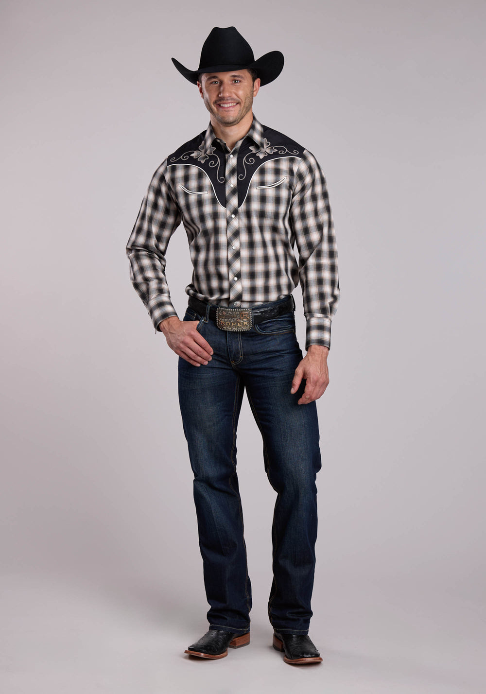 MENS ROPER BLACK PLAID LONG SLEEVE SNAP SHIRT