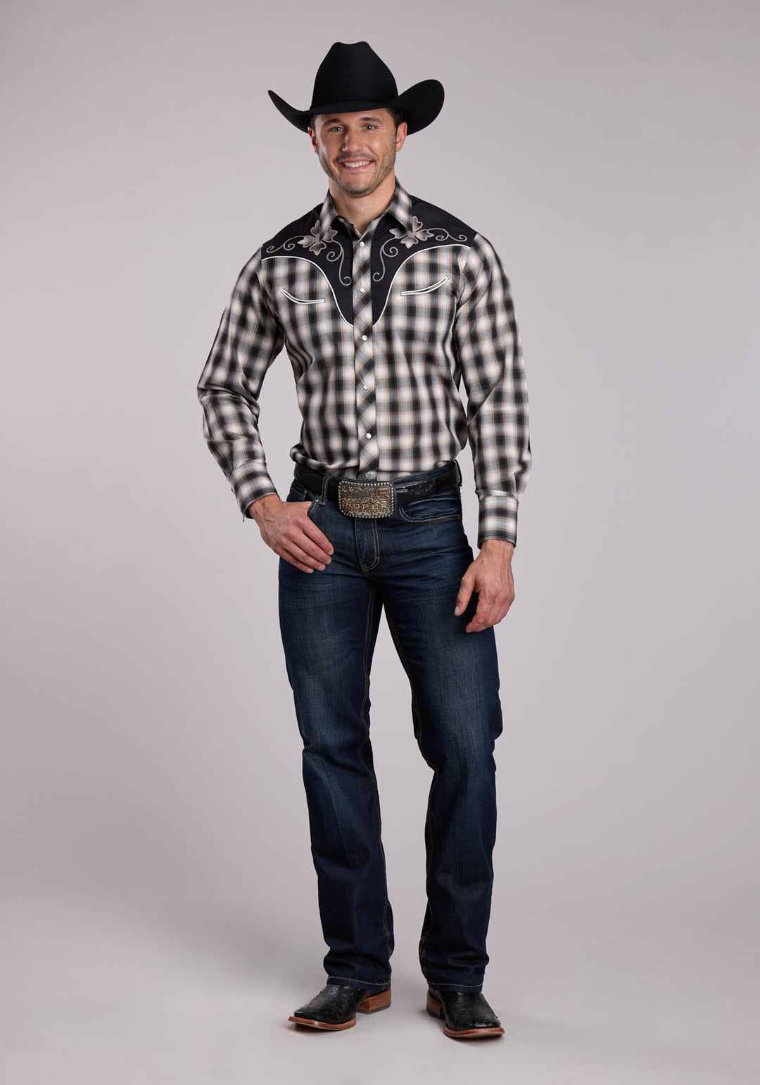 MENS ROPER BLACK PLAID LONG SLEEVE SNAP SHIRT