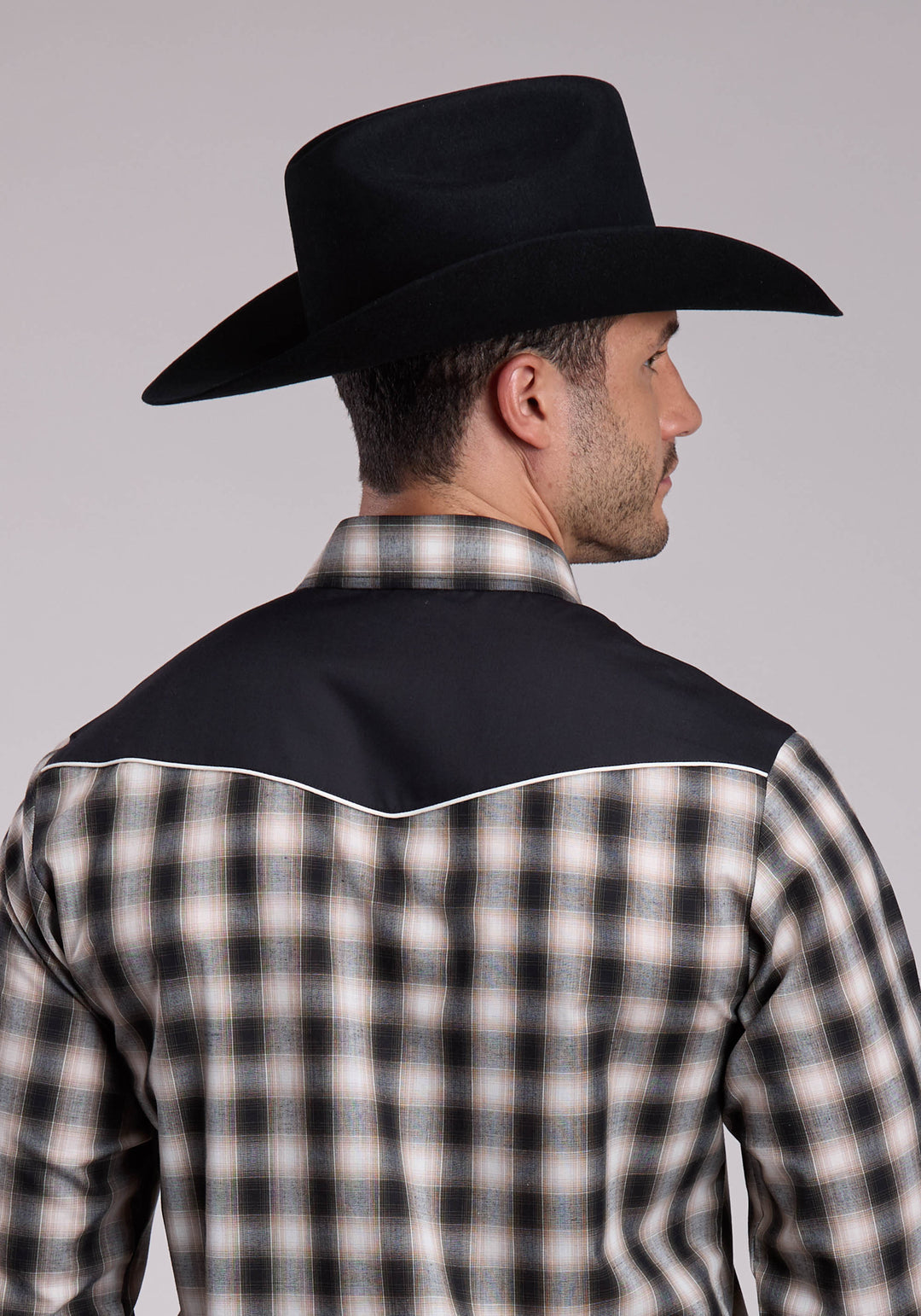 MENS ROPER BLACK PLAID LONG SLEEVE SNAP SHIRT