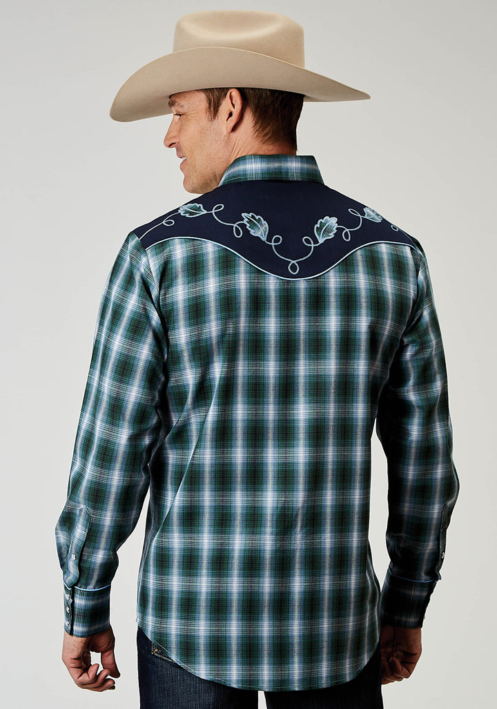 MENS LONG SLEEVE SNAP OCEAN PLAID WESTERN SHIRT WITH FANCY CURVED YOKES APPLIQUE ON BACK YOKE
