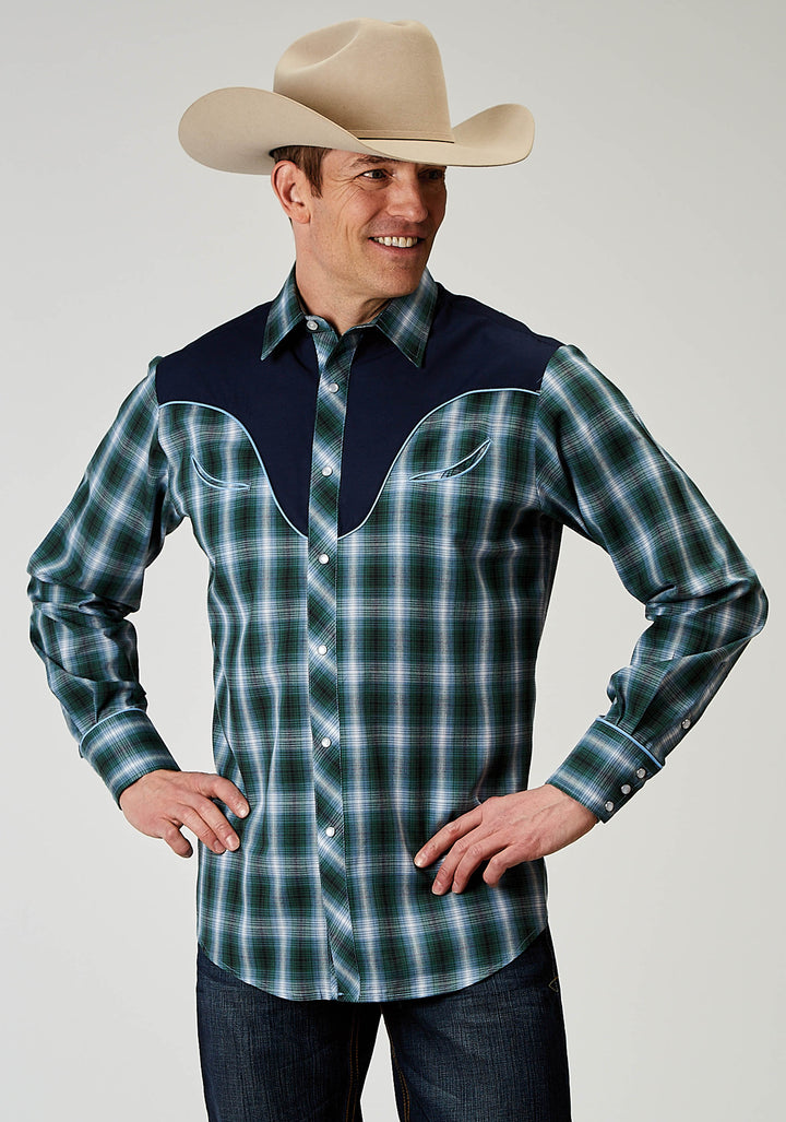 MENS LONG SLEEVE SNAP OCEAN PLAID WESTERN SHIRT WITH FANCY CURVED YOKES APPLIQUE ON BACK YOKE