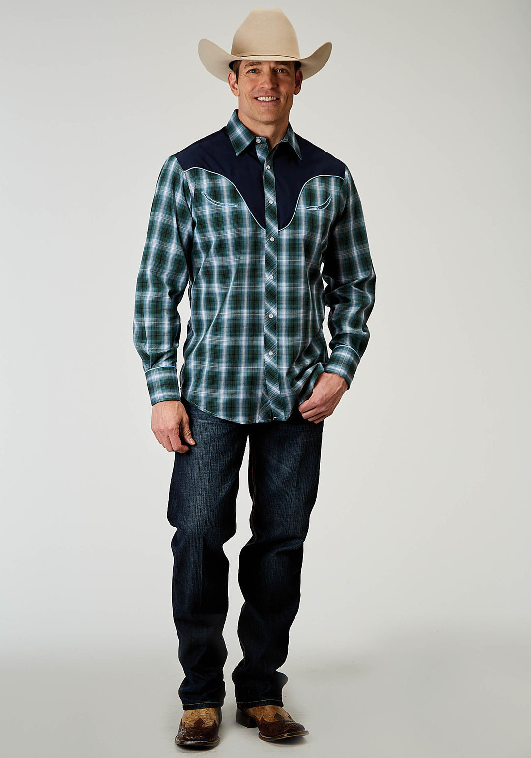MENS LONG SLEEVE SNAP OCEAN PLAID WESTERN SHIRT WITH FANCY CURVED YOKES APPLIQUE ON BACK YOKE