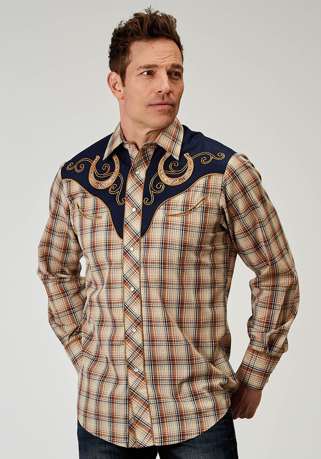 MENS LONG SLEEVE SNAP BROWN PLAID WESTERN SHIRT WITH FANCY CURVED YOKES APPLIQUE ON FRONT YOKE