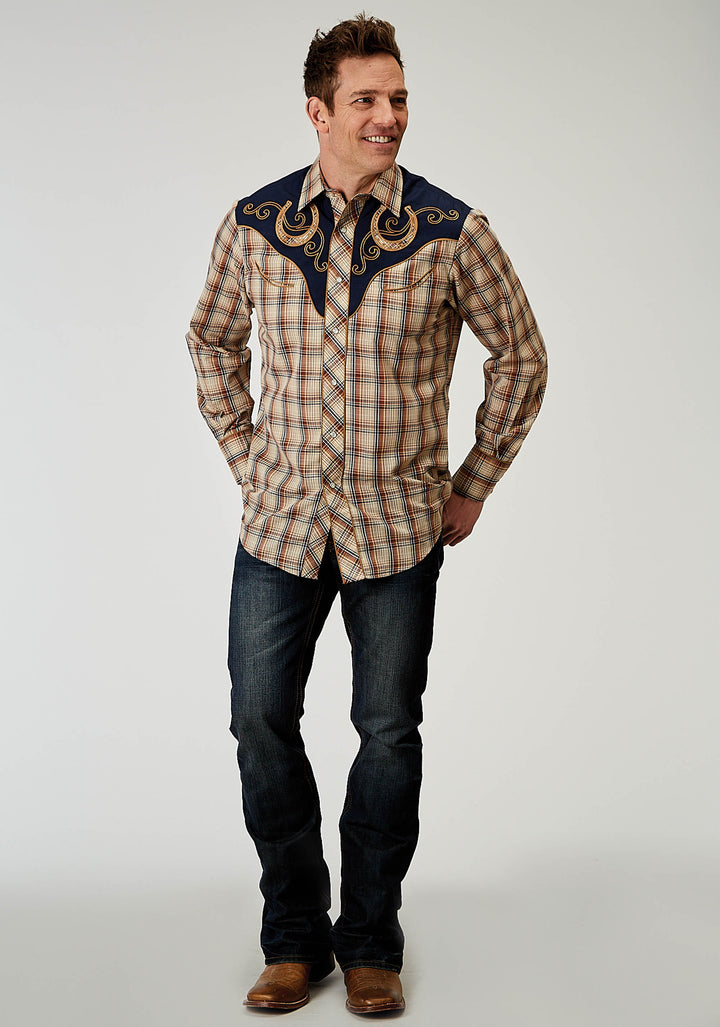 MENS LONG SLEEVE SNAP BROWN PLAID WESTERN SHIRT WITH FANCY CURVED YOKES APPLIQUE ON FRONT YOKE