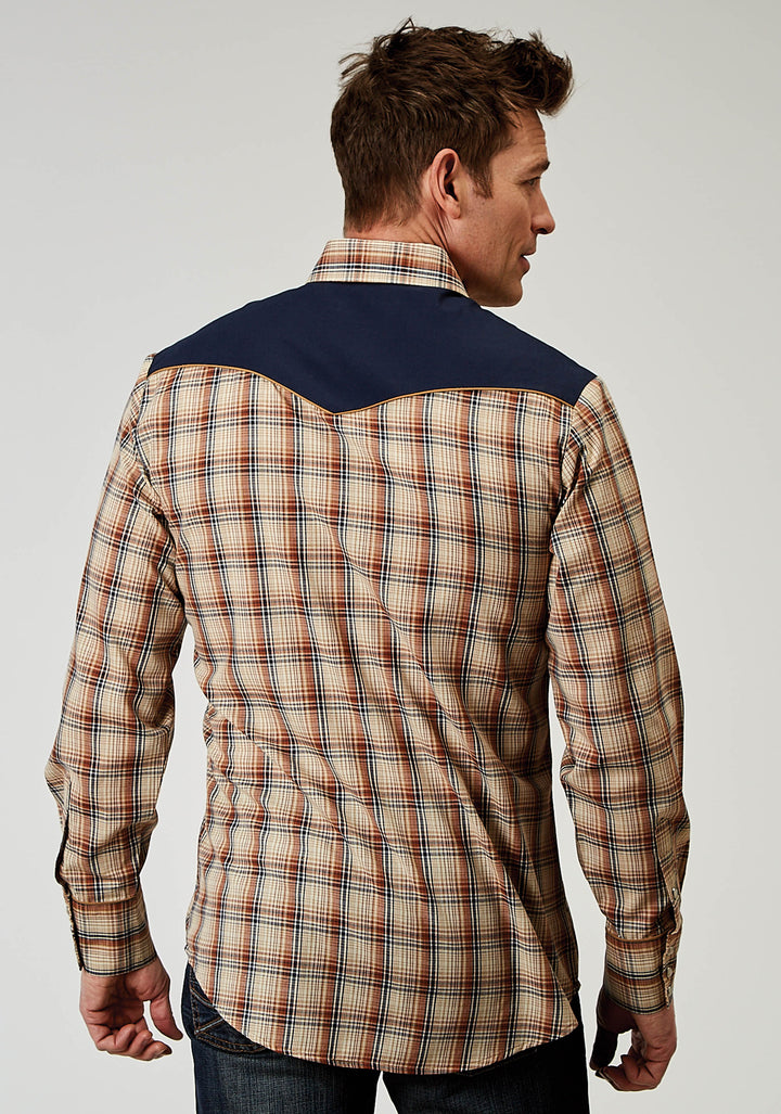 MENS LONG SLEEVE SNAP BROWN PLAID WESTERN SHIRT WITH FANCY CURVED YOKES APPLIQUE ON FRONT YOKE