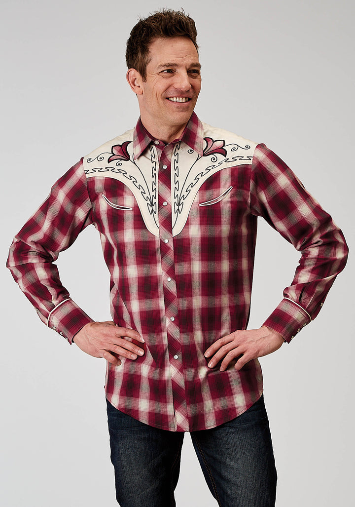 MENS LONG SLEEVE SNAP RED PLAID WESTERN SHIRT WITH FANCY CURVED YOKES APPLIQUE ON FRONT YOKE