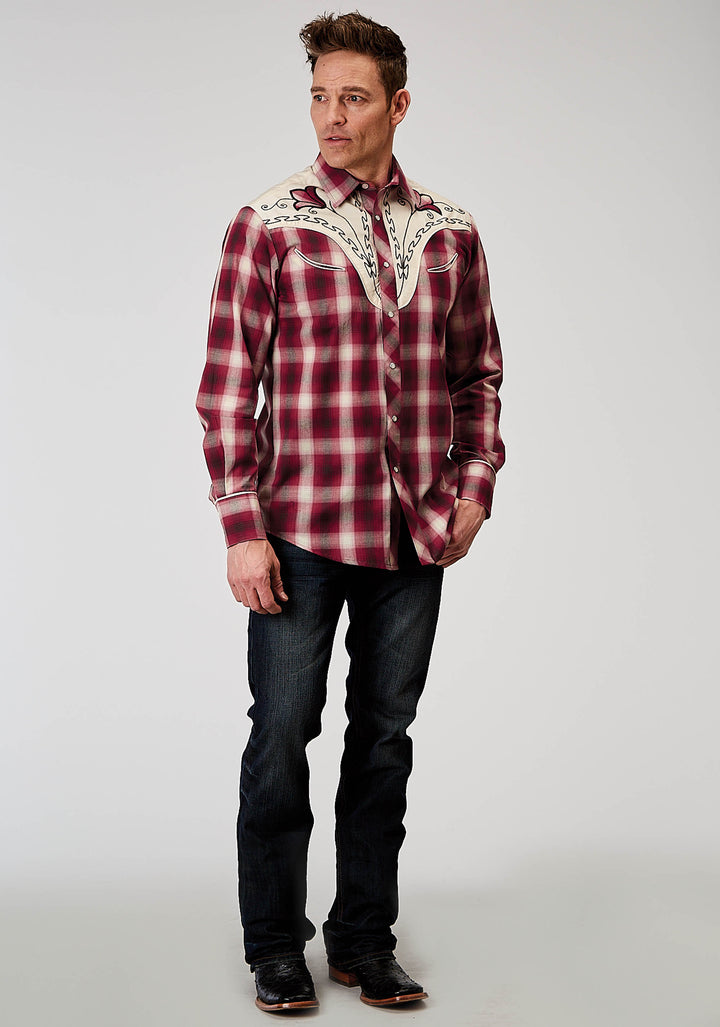MENS LONG SLEEVE SNAP RED PLAID WESTERN SHIRT WITH FANCY CURVED YOKES APPLIQUE ON FRONT YOKE