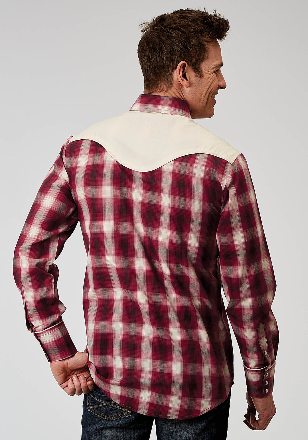 MENS LONG SLEEVE SNAP RED PLAID WESTERN SHIRT WITH FANCY CURVED YOKES APPLIQUE ON FRONT YOKE