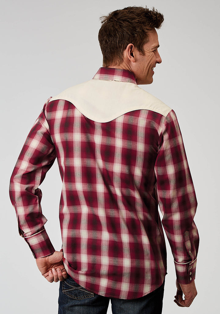 MENS LONG SLEEVE SNAP RED PLAID WESTERN SHIRT WITH FANCY CURVED YOKES APPLIQUE ON FRONT YOKE