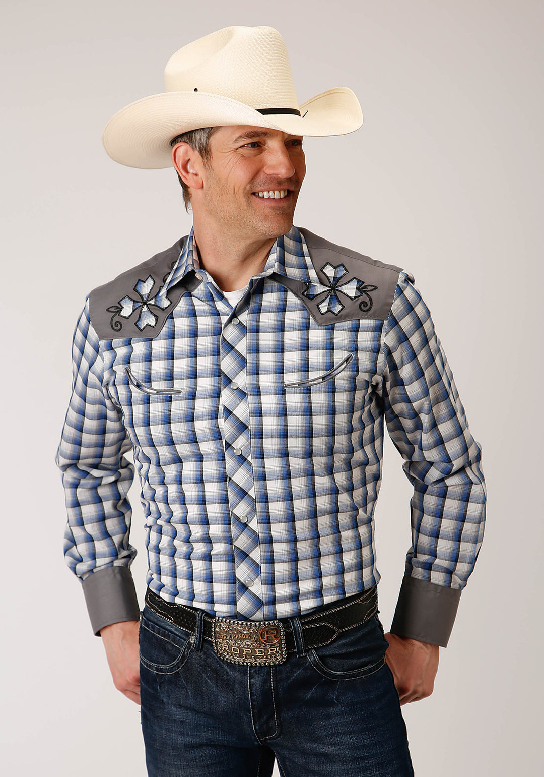 MENS LONG SLEEVE SNAP ROYAL  BLACK  AND CREAM PLAID WESTERN SHIRT