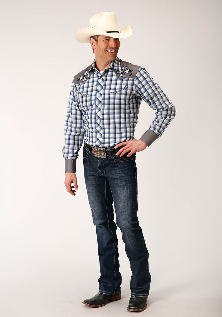 MENS LONG SLEEVE SNAP ROYAL  BLACK  AND CREAM PLAID WESTERN SHIRT