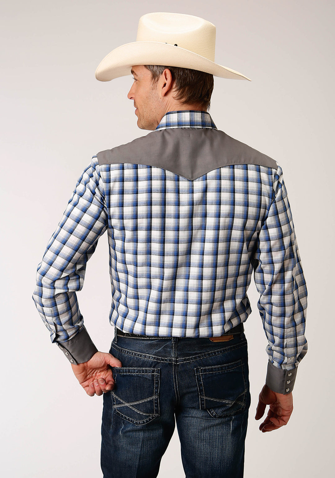 MENS LONG SLEEVE SNAP ROYAL  BLACK  AND CREAM PLAID WESTERN SHIRT