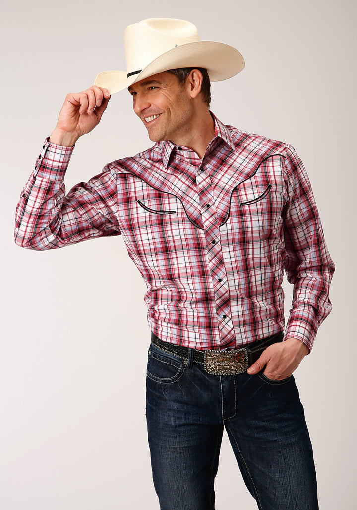 MENS LONG SLEEVE SNAP RED PLAID WESTERN SHIRT