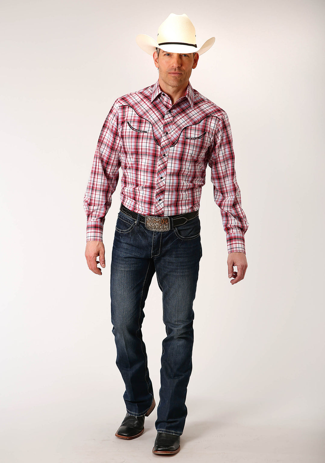 MENS LONG SLEEVE SNAP RED PLAID WESTERN SHIRT