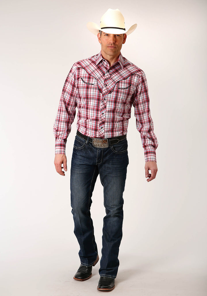 MENS LONG SLEEVE SNAP RED PLAID WESTERN SHIRT