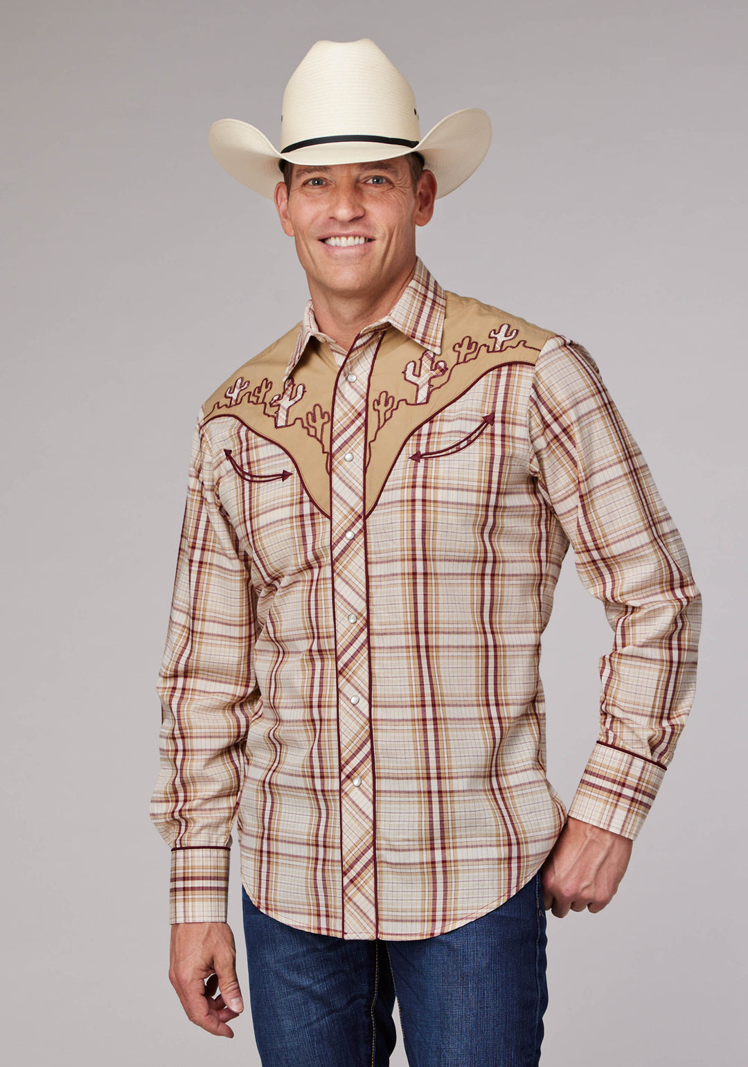 MENS TAN CREAM AND WINE PLAID LONG SLEEVE SNAP WESTERN SHIRT
