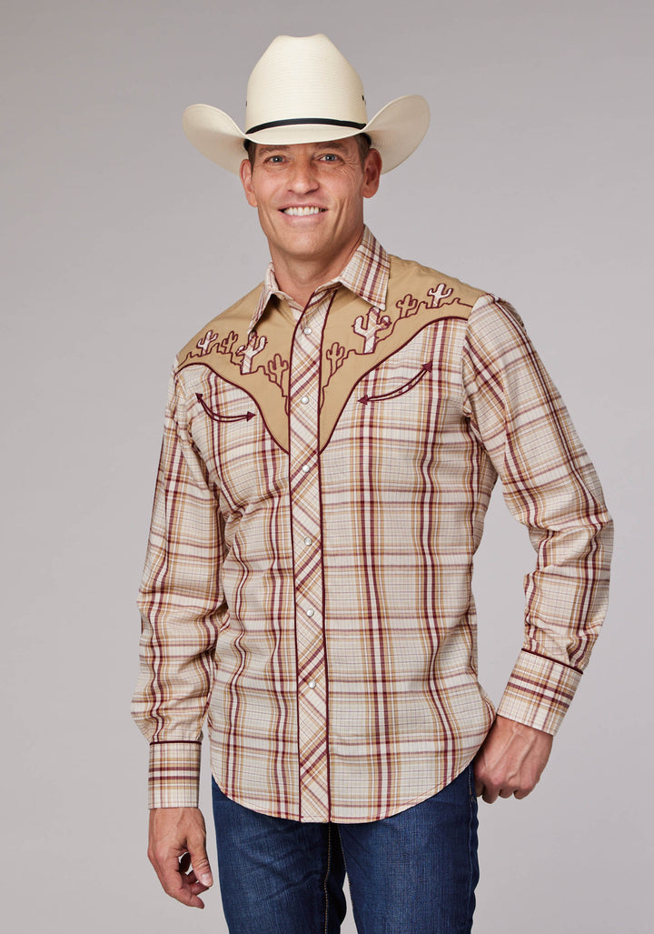 MENS TAN CREAM AND WINE PLAID LONG SLEEVE SNAP WESTERN SHIRT