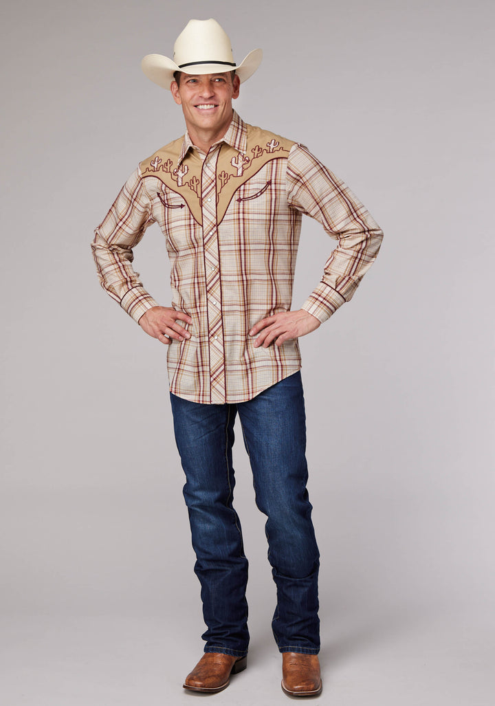 MENS TAN CREAM AND WINE PLAID LONG SLEEVE SNAP WESTERN SHIRT