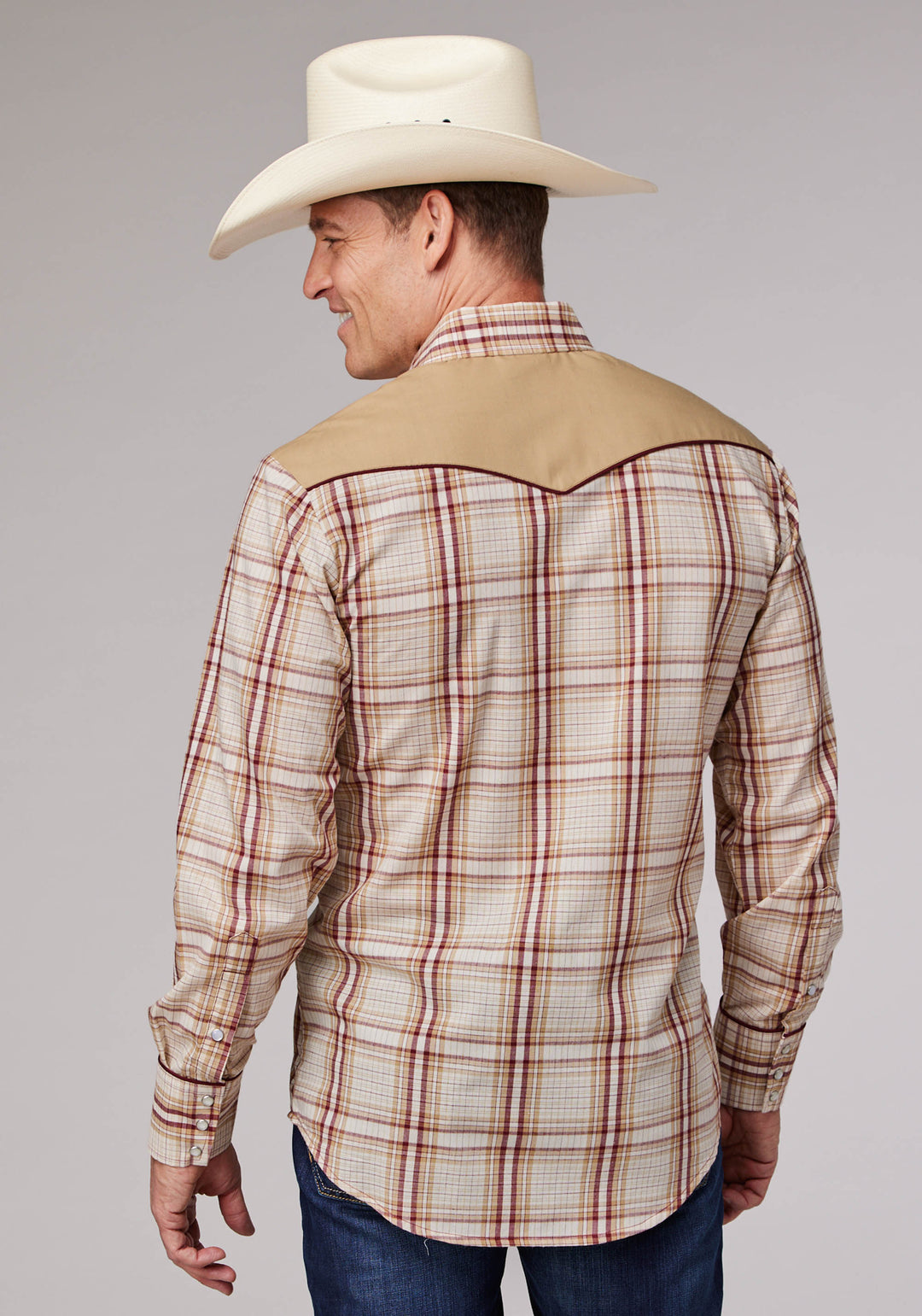 MENS TAN CREAM AND WINE PLAID LONG SLEEVE SNAP WESTERN SHIRT
