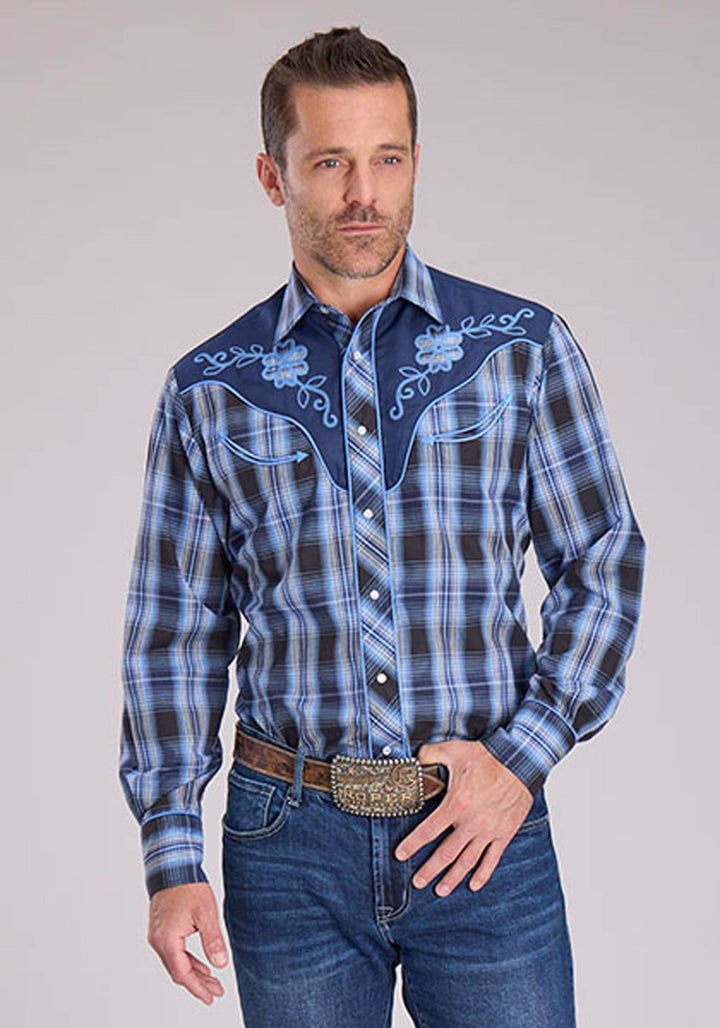 MENS LONG SLEEVE SNAP BLACK NAVY CAROLINA BLUE PLAID WESTERN SHIRT