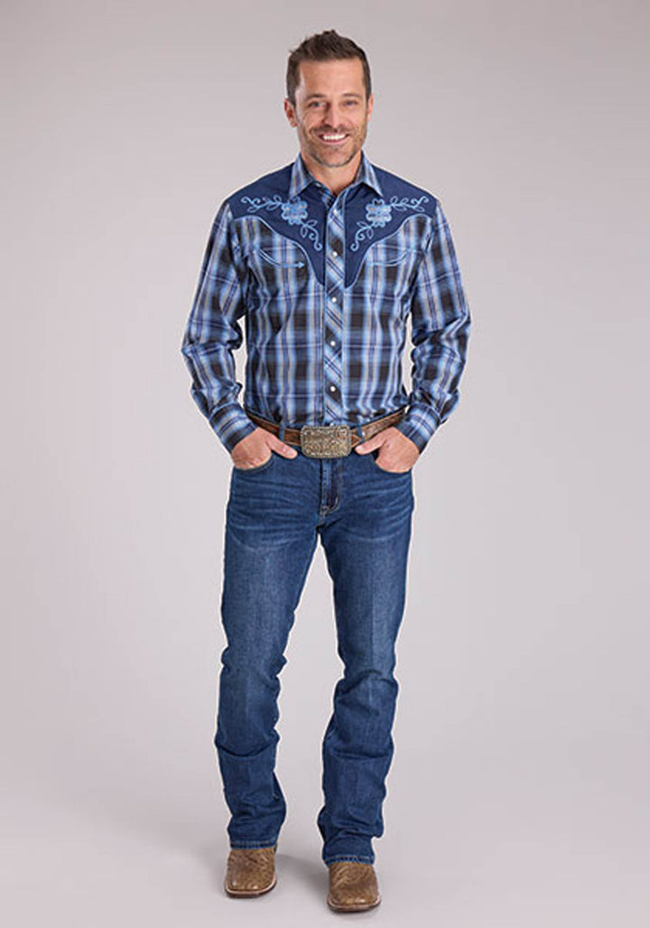 MENS LONG SLEEVE SNAP BLACK NAVY CAROLINA BLUE PLAID WESTERN SHIRT