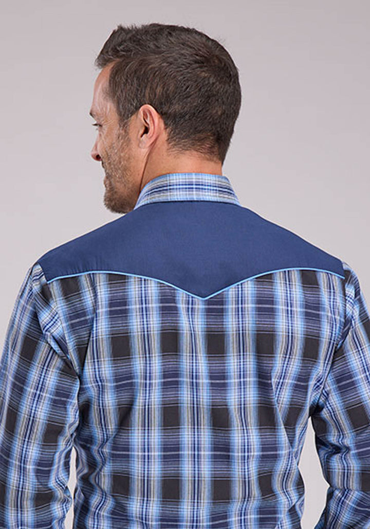 MENS LONG SLEEVE SNAP BLACK NAVY CAROLINA BLUE PLAID WESTERN SHIRT