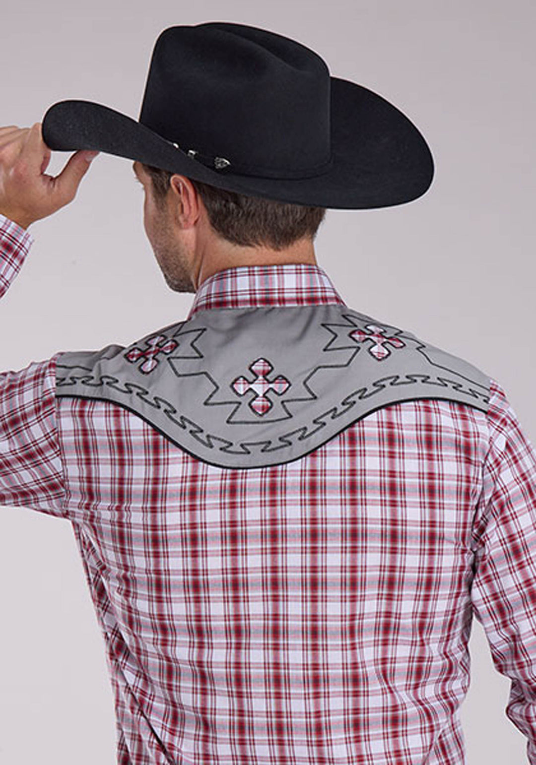 MENS RED WHITE AND BLACK PLAID LONG SLEEVE SNAP WESTERN SHIRT
