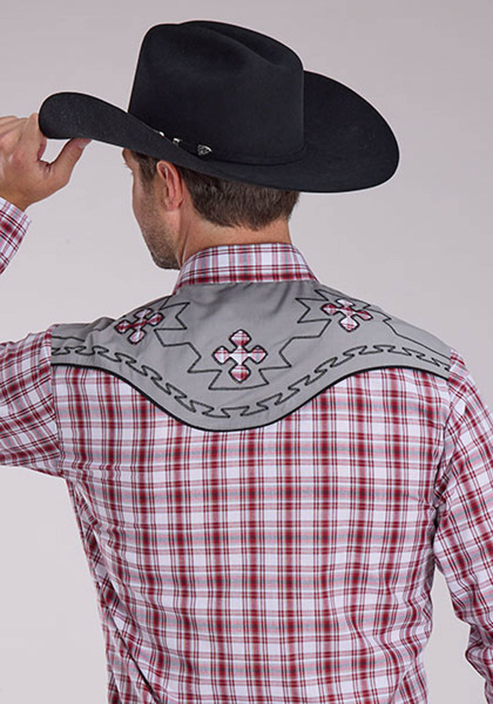 MENS RED WHITE AND BLACK PLAID LONG SLEEVE SNAP WESTERN SHIRT