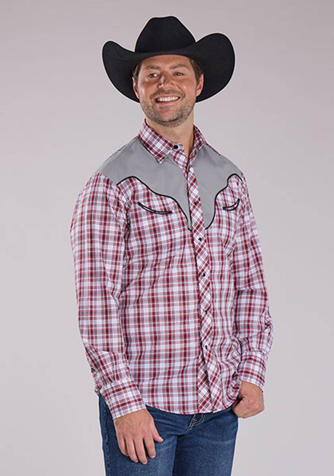 MENS RED WHITE AND BLACK PLAID LONG SLEEVE SNAP WESTERN SHIRT