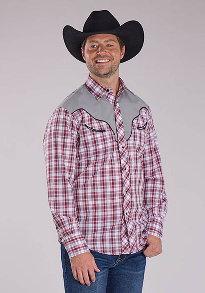 MENS RED WHITE AND BLACK PLAID LONG SLEEVE SNAP WESTERN SHIRT