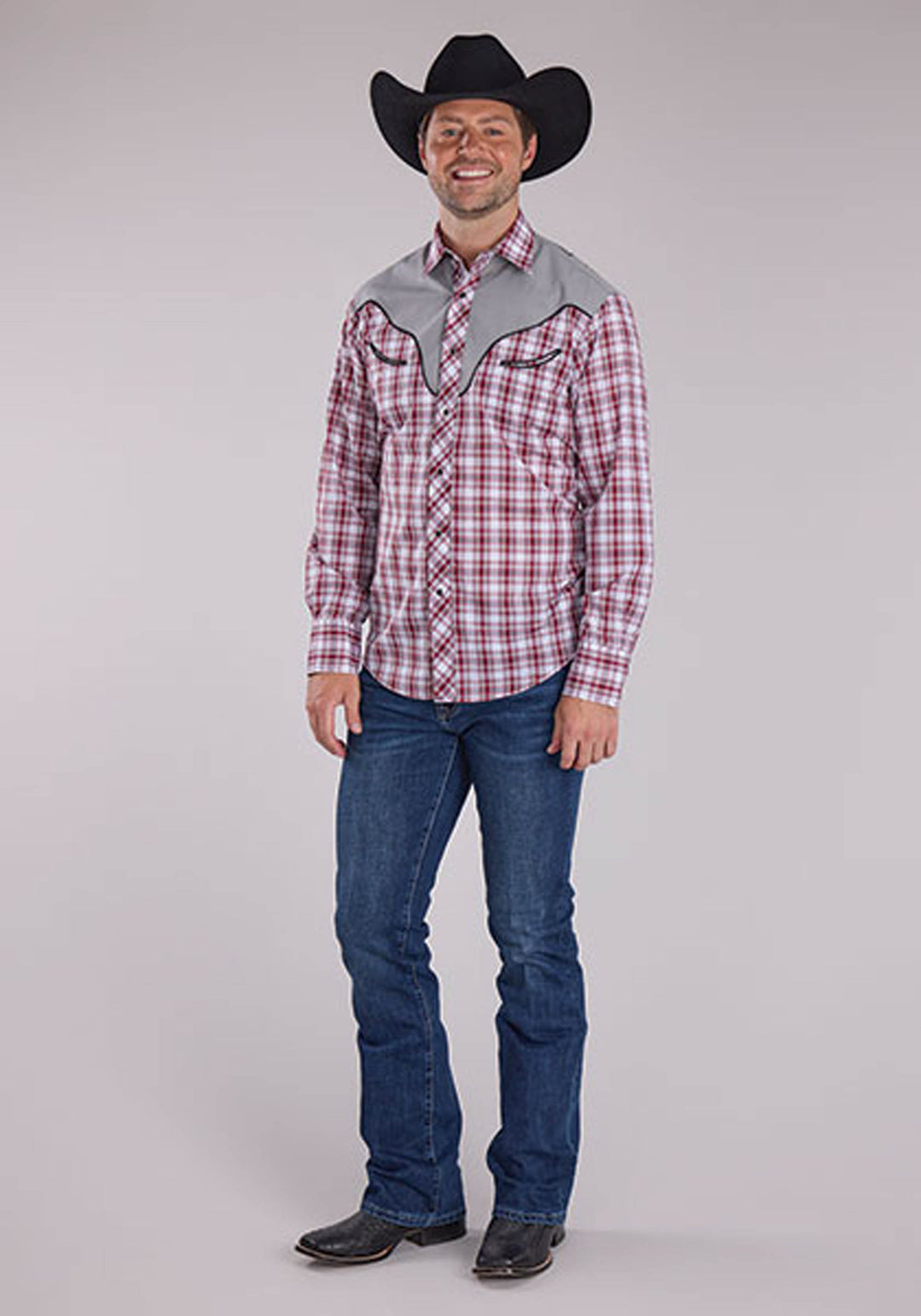 MENS RED WHITE AND BLACK PLAID LONG SLEEVE SNAP WESTERN SHIRT