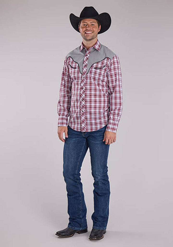 MENS RED WHITE AND BLACK PLAID LONG SLEEVE SNAP WESTERN SHIRT