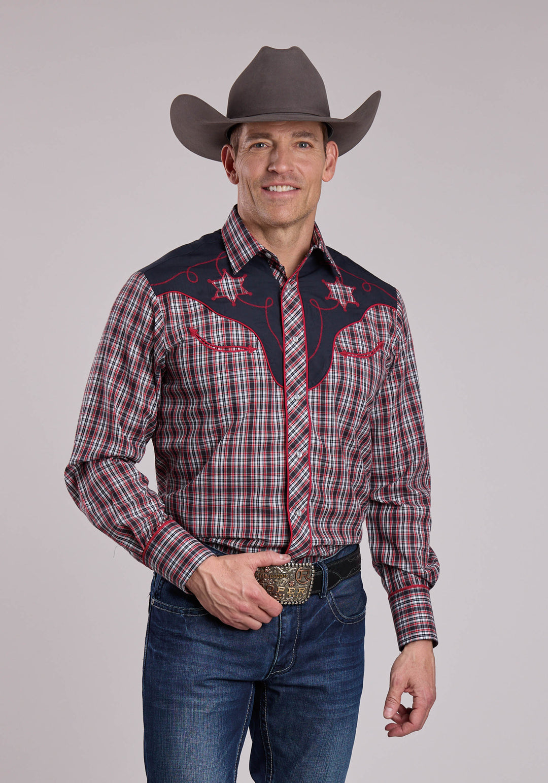 MENS ROPER RED NAVY  WHITE PLAID LONG SLEEVE SNAP SHIRT