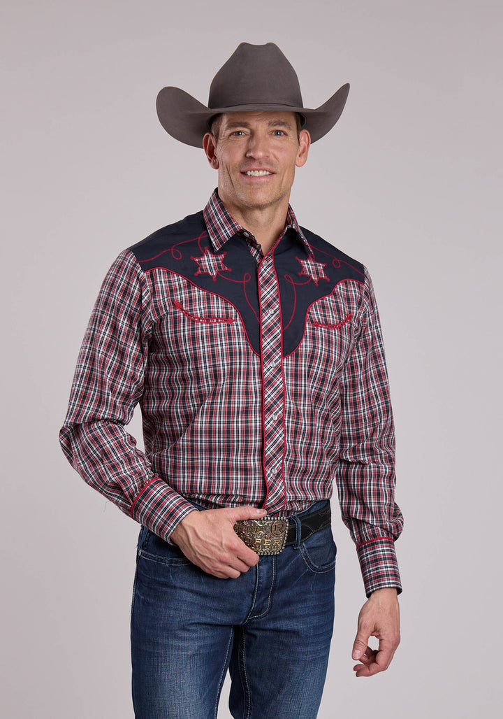 MENS ROPER RED NAVY  WHITE PLAID LONG SLEEVE SNAP SHIRT