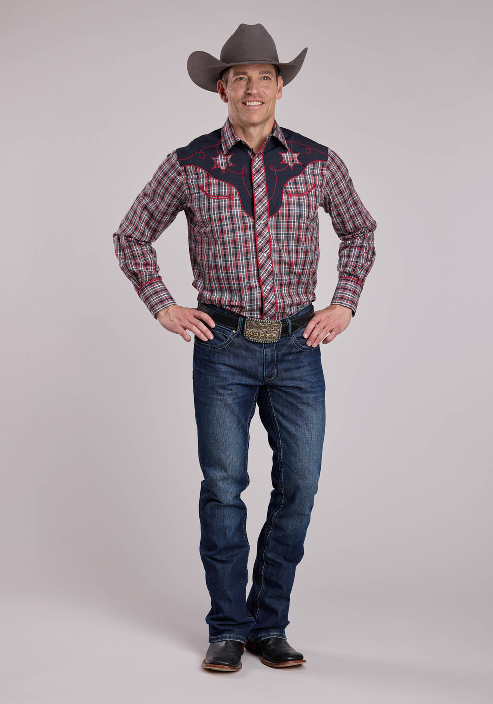 MENS ROPER RED NAVY  WHITE PLAID LONG SLEEVE SNAP SHIRT