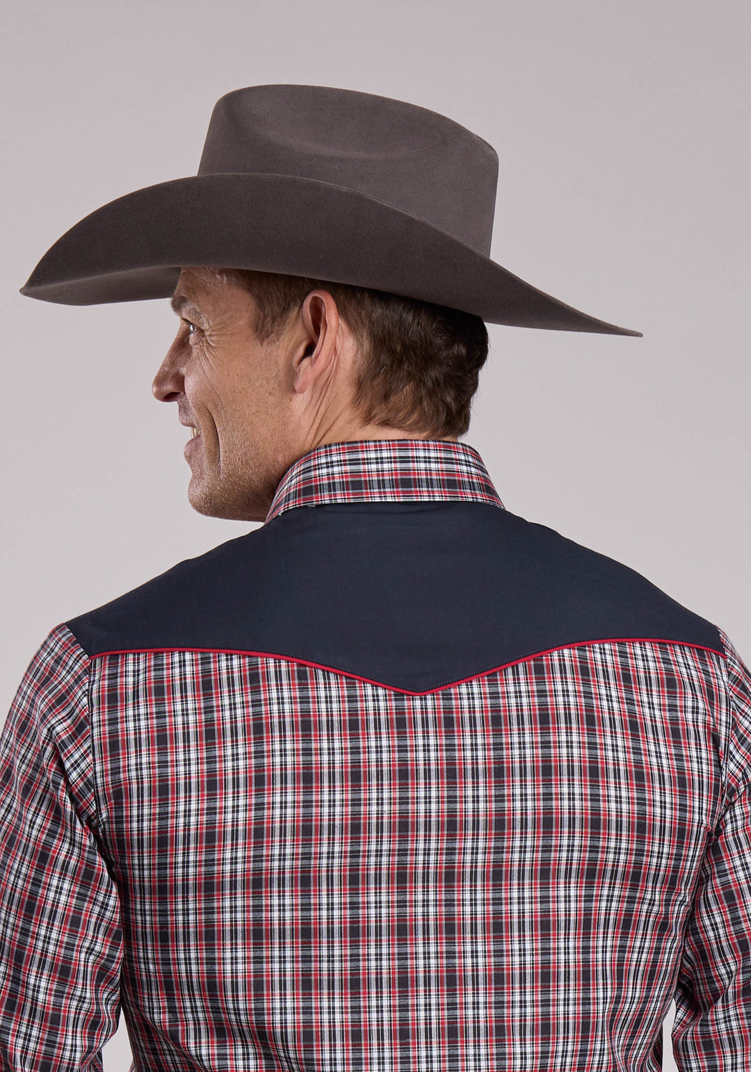MENS ROPER RED NAVY  WHITE PLAID LONG SLEEVE SNAP SHIRT