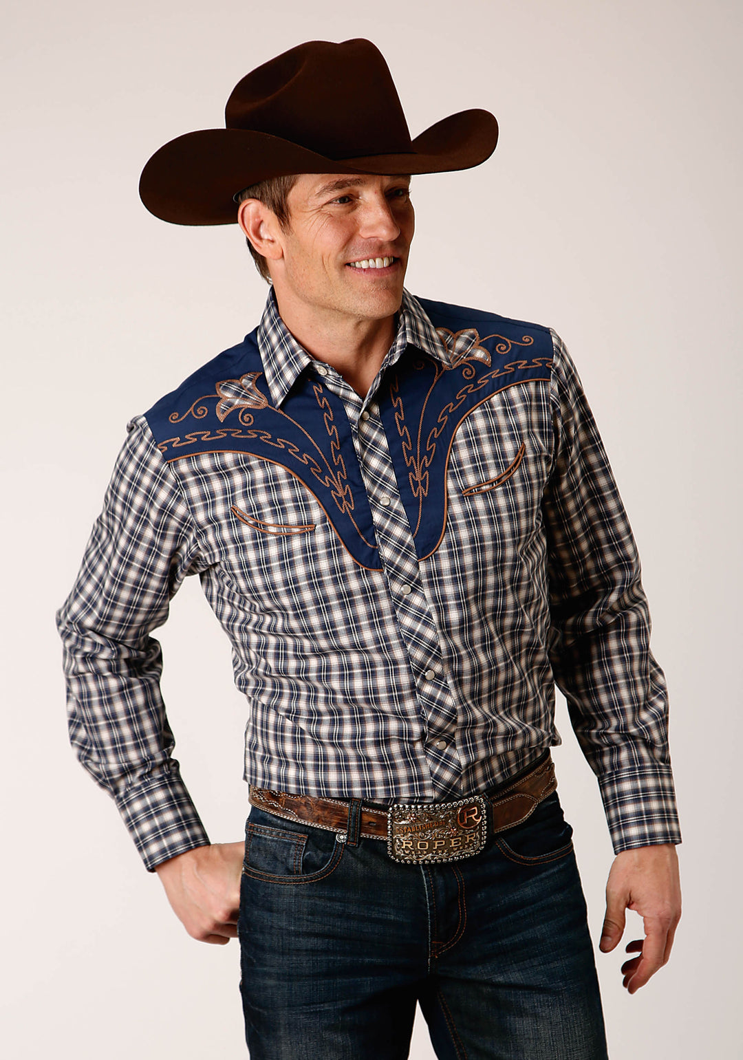 MENS LONG SLEEVE SNAP NAVY CREAM TAN SMALL SCALE PLAID WESTERN SHIRT WITH PIPING AND APPLIQUE ON YOKES
