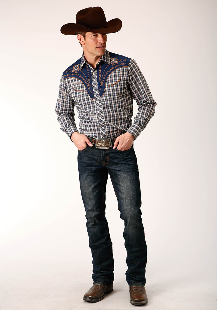 MENS LONG SLEEVE SNAP NAVY CREAM TAN SMALL SCALE PLAID WESTERN SHIRT WITH PIPING AND APPLIQUE ON YOKES