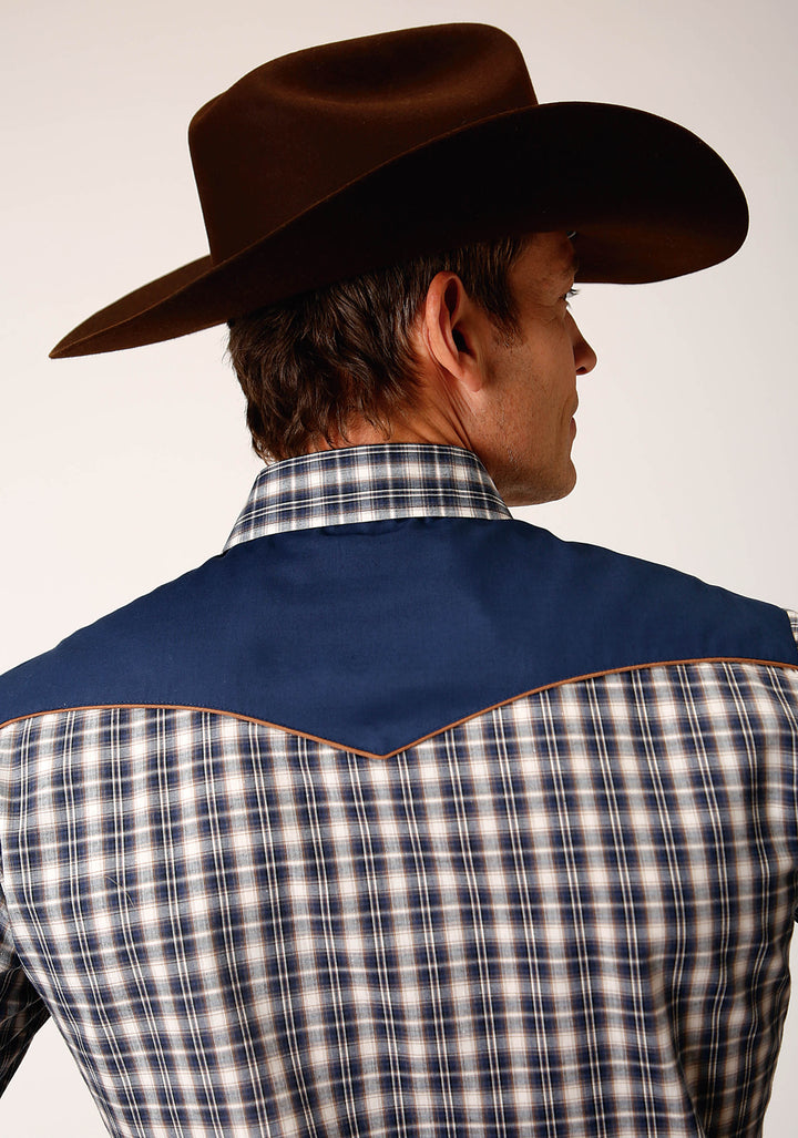 MENS LONG SLEEVE SNAP NAVY CREAM TAN SMALL SCALE PLAID WESTERN SHIRT WITH PIPING AND APPLIQUE ON YOKES