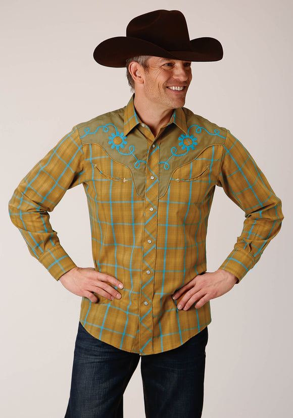 MENS LONG SLEEVE SNAP BUTTERSCOTCH TURQUOISE PLAID WESTERN SHIRT