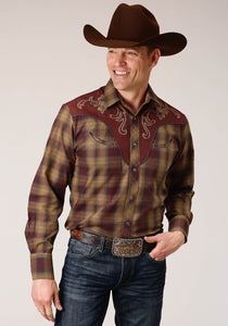 MENS LONG SLEEVE SNAP CARAMEL AND GREY PLAID WESTERN SHIRT